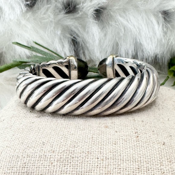 David Yurman 15MM Waverly Smokey Quartz Cable Cuff Bracelet .925/18K Gold - Picture 4 of 7